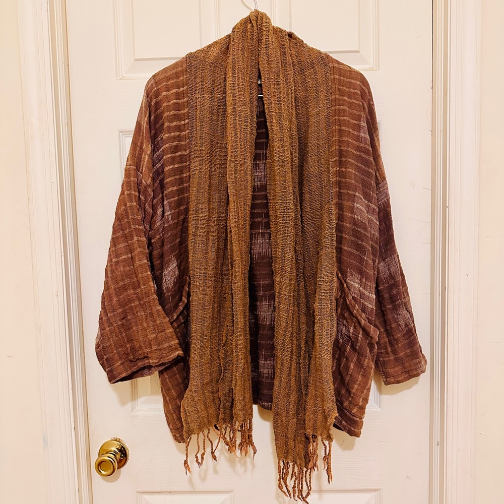 OS Santa Fe Hemp Brown and Tan Women's Shawl Jacket - with pockets!!